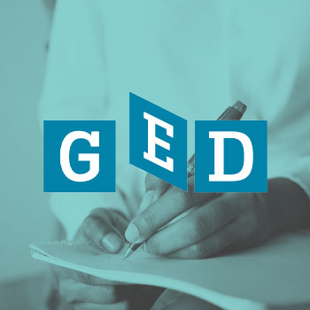 Logo of GED with a woman writing as background