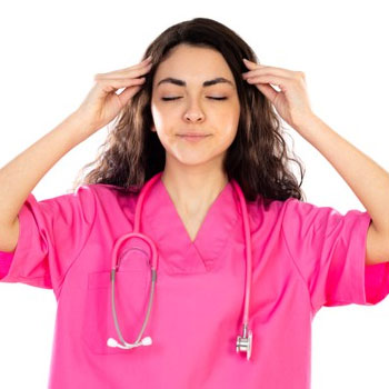 Female medical student holding her temples thinking