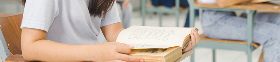 Woman sitting in an arm chair reading and reviewing