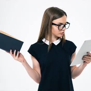 female student with a book and ipad