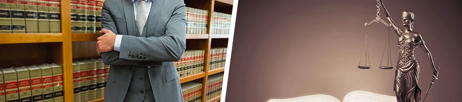 law student in a library and a justice symbol